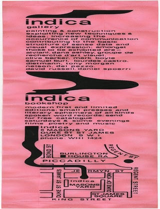 Item #41258 An original flyer promoting Indica, silkscreened in black on geometrically-patterned translucent pink PVC. Written and designed by John Dunbar and Barry Miles, c. Spring 1966. INDICA BOOKS, GALLERY.