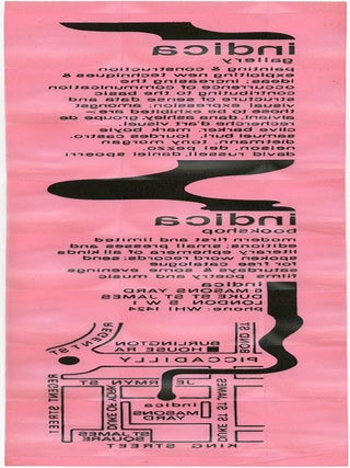 An original flyer promoting Indica, silkscreened in black on geometrically-patterned translucent pink PVC. Written and designed by John Dunbar and Barry Miles, c. Spring 1966.