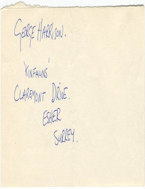 Item #41270 A small piece of white paper with George Harrison&rsquo;s autograph inscription. Nd. (c. June/July 1966). George HARRISON.