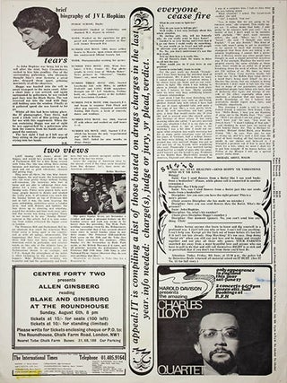 INTERNATIONAL TIMES #1-32 (London: Lovebooks Ltd., October 14, 1966 - May 31, 1968). Newspaper, broadside and poster formats.