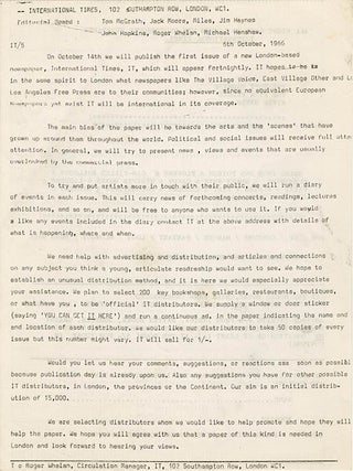 An original flyer announcing &lsquo;All Night Rave To Launch New Underground Newspaper International Times. The Soft Machine The Pink Floyd Steel Bands Strip???????? Happenings?????????? Trip??? ?????Movies&rsquo; at the Roundhouse, October 15, 1966.