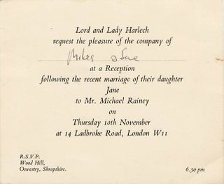 Item #41290 An invite from Lord and Lady Harlech to a wedding reception “following the recent...