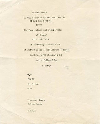 Item #41296 A flyer announcing a reading by Stevie Smith at Better Books, December 7, 1966, “on...