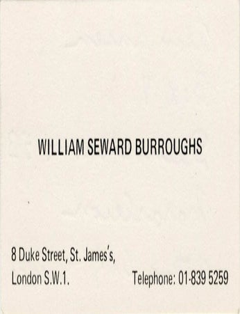 Item #41299 Visiting card, c. 1966/67. William S. BURROUGHS.