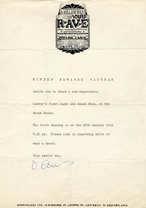 Item #41303 A printed invite signed by Dudley Edwards, one third of design collective BEV...