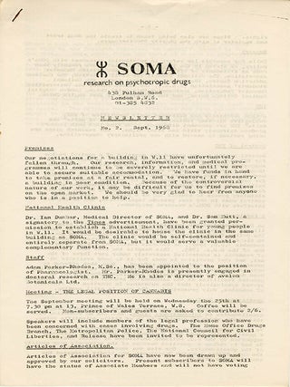 A collection of documents issued by SOMA, the drug research project founded in London by Steve Abrams that campaigned for cannabis law reform.
