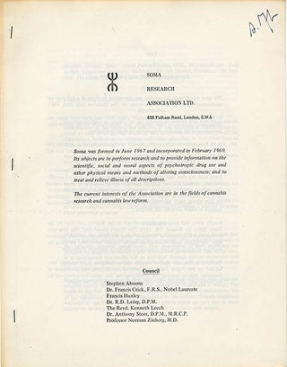 A collection of documents issued by SOMA, the drug research project founded in London by Steve Abrams that campaigned for cannabis law reform.