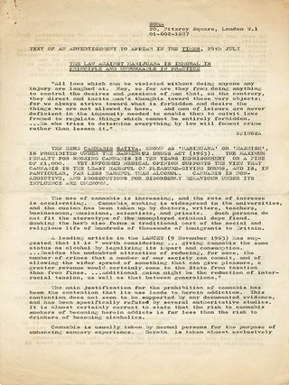 A collection of documents issued by SOMA, the drug research project founded in London by Steve Abrams that campaigned for cannabis law reform.